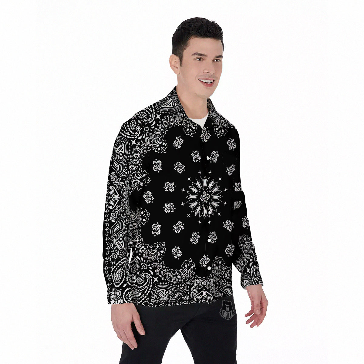 Bandana Black Paisley Print Men's Long Sleeve Shirts-grizzshop