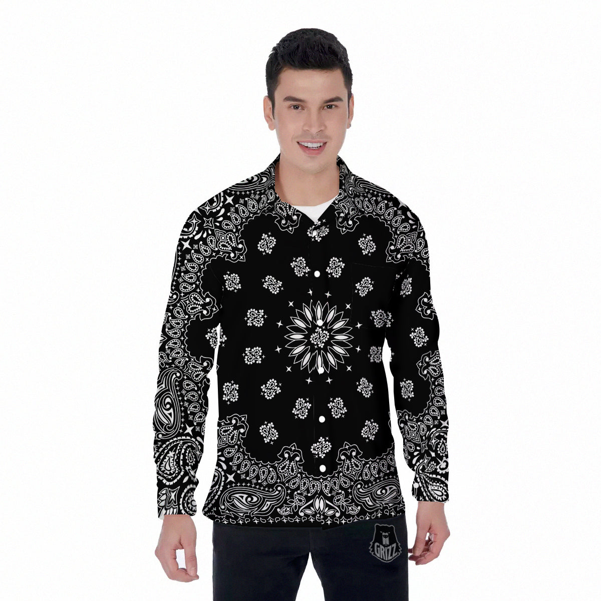 Bandana Black Paisley Print Men's Long Sleeve Shirts-grizzshop