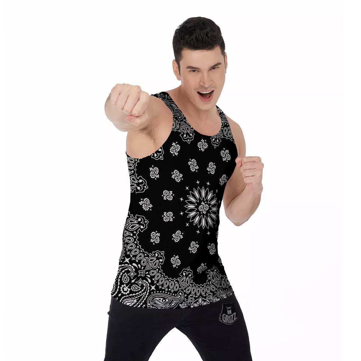 Bandana Black Paisley Print Men's Tank Top-grizzshop