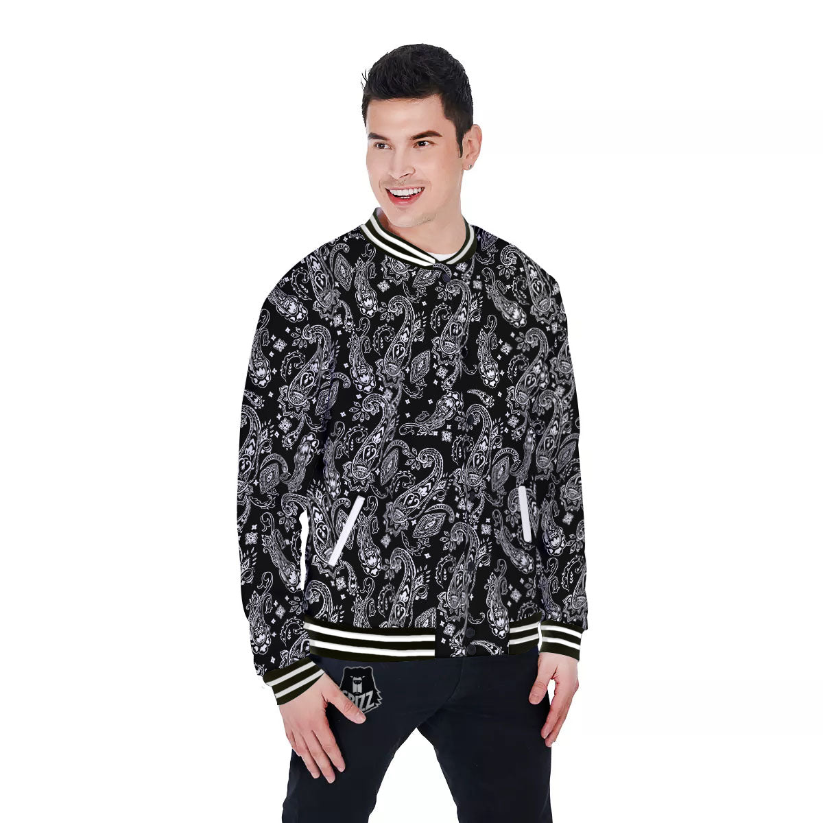 Bandana Black Paisley Print Pattern Baseball Jacket-grizzshop