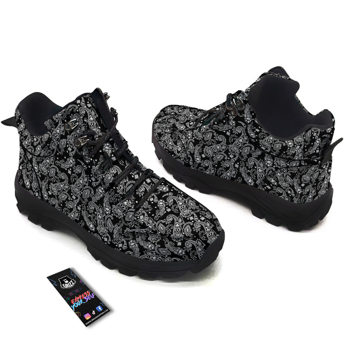 Bandana Black Paisley Print Pattern Hiking Shoes-grizzshop