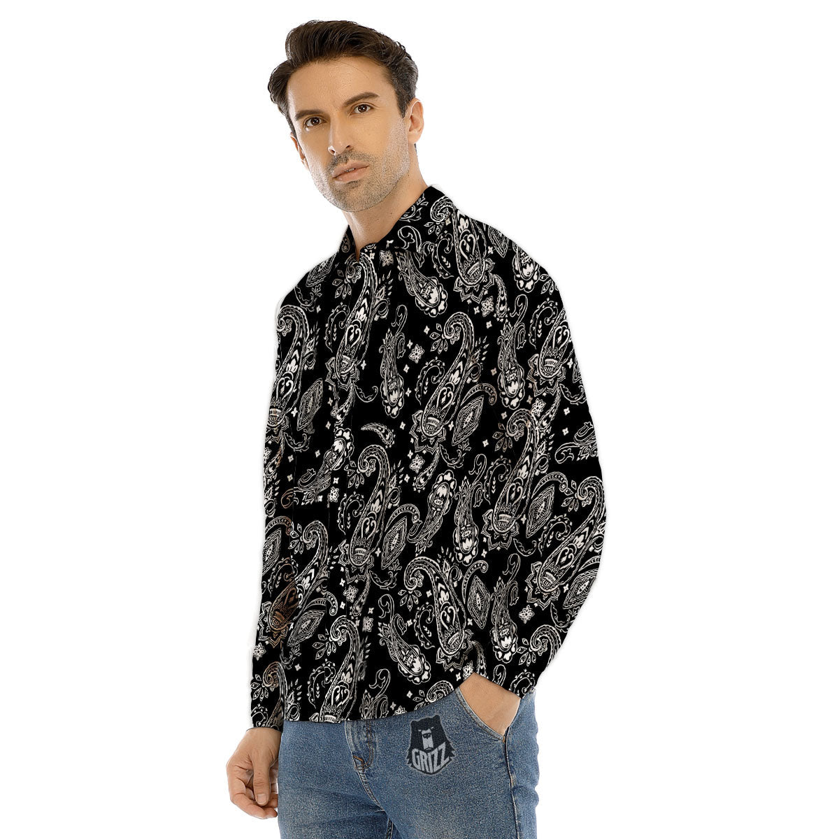 Bandana Black Paisley Print Pattern Men's Dress Shirts-grizzshop