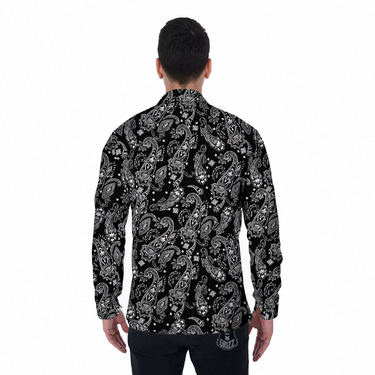 Bandana Black Paisley Print Pattern Men's Long Sleeve Shirts-grizzshop