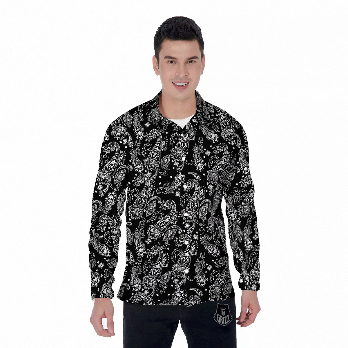Bandana Black Paisley Print Pattern Men's Long Sleeve Shirts-grizzshop