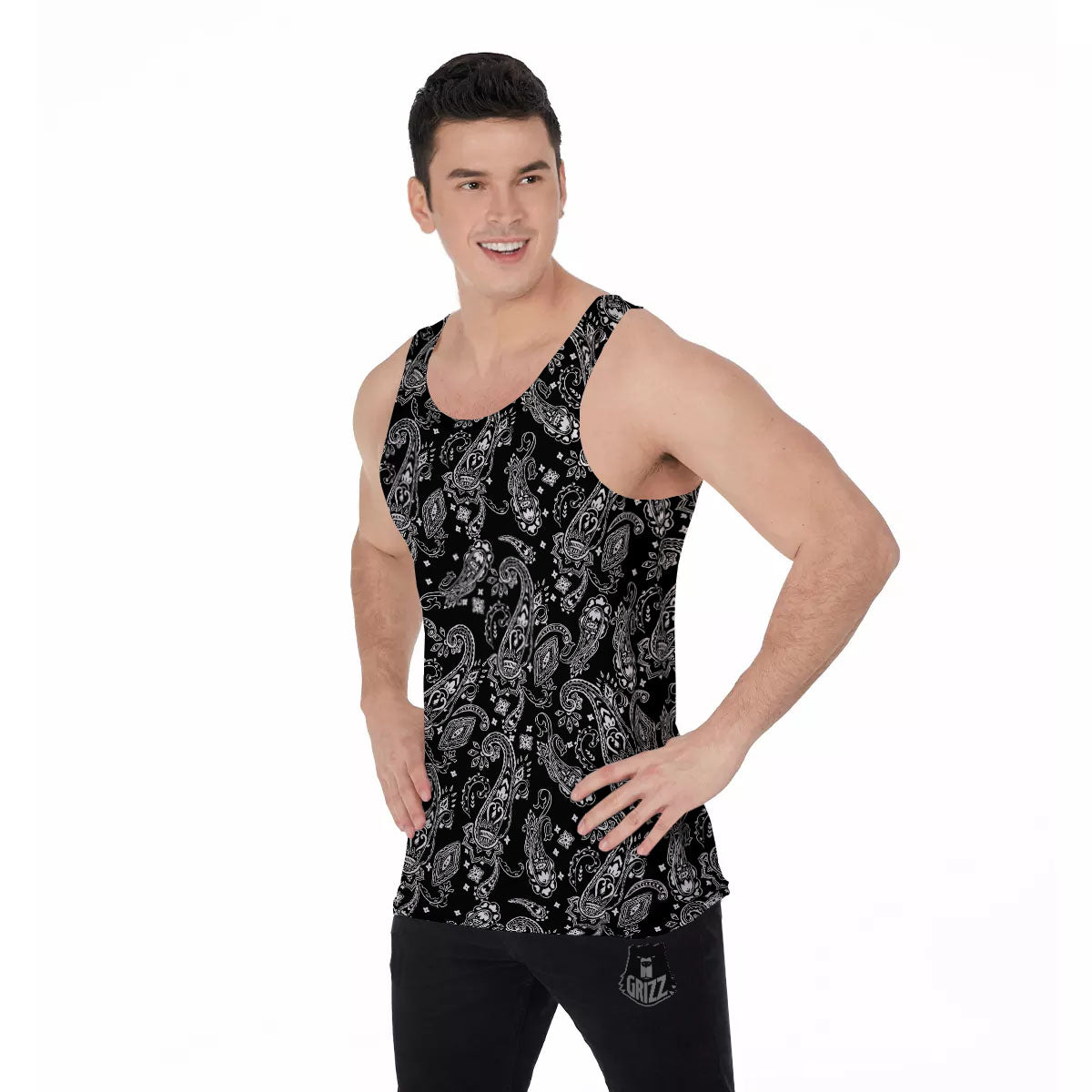 Bandana Black Paisley Print Pattern Men's Tank Top-grizzshop