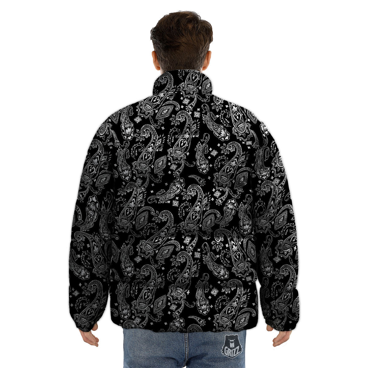 Bandana Black Paisley Print Pattern Puffer Jacket-grizzshop