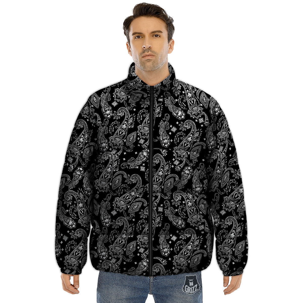 Bandana Black Paisley Print Pattern Puffer Jacket-grizzshop