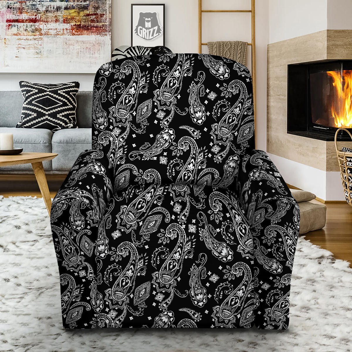 Bandana Black Paisley Print Pattern Recliner Slipcover-grizzshop