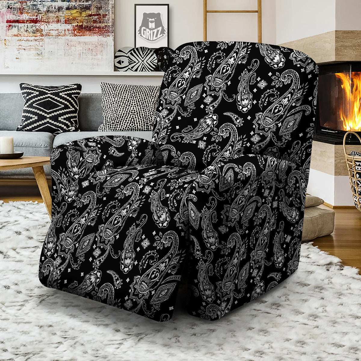 Bandana Black Paisley Print Pattern Recliner Slipcover-grizzshop