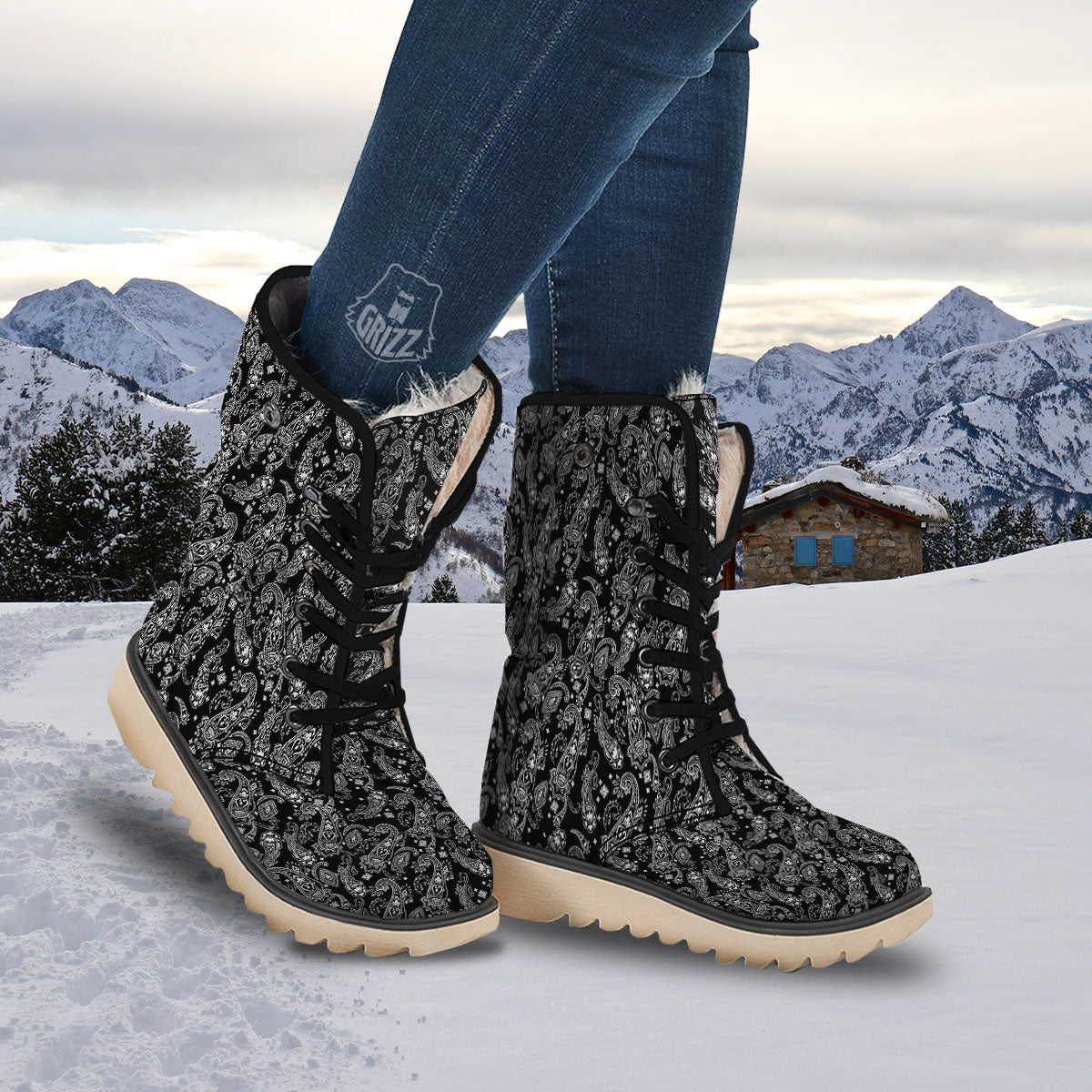 Bandana Black Paisley Print Pattern Snow Boots-grizzshop
