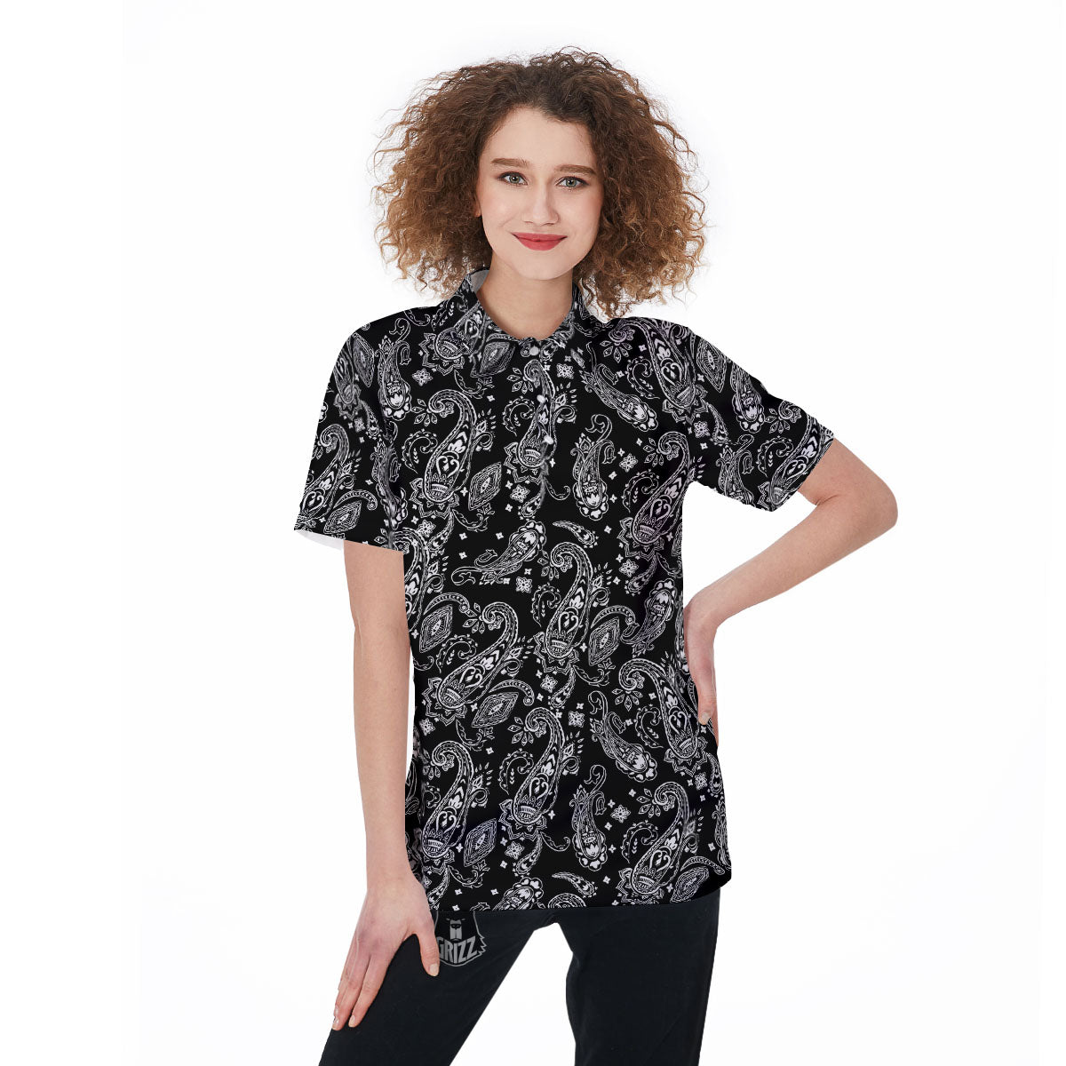 Bandana Black Paisley Print Pattern Women's Golf Shirts-grizzshop
