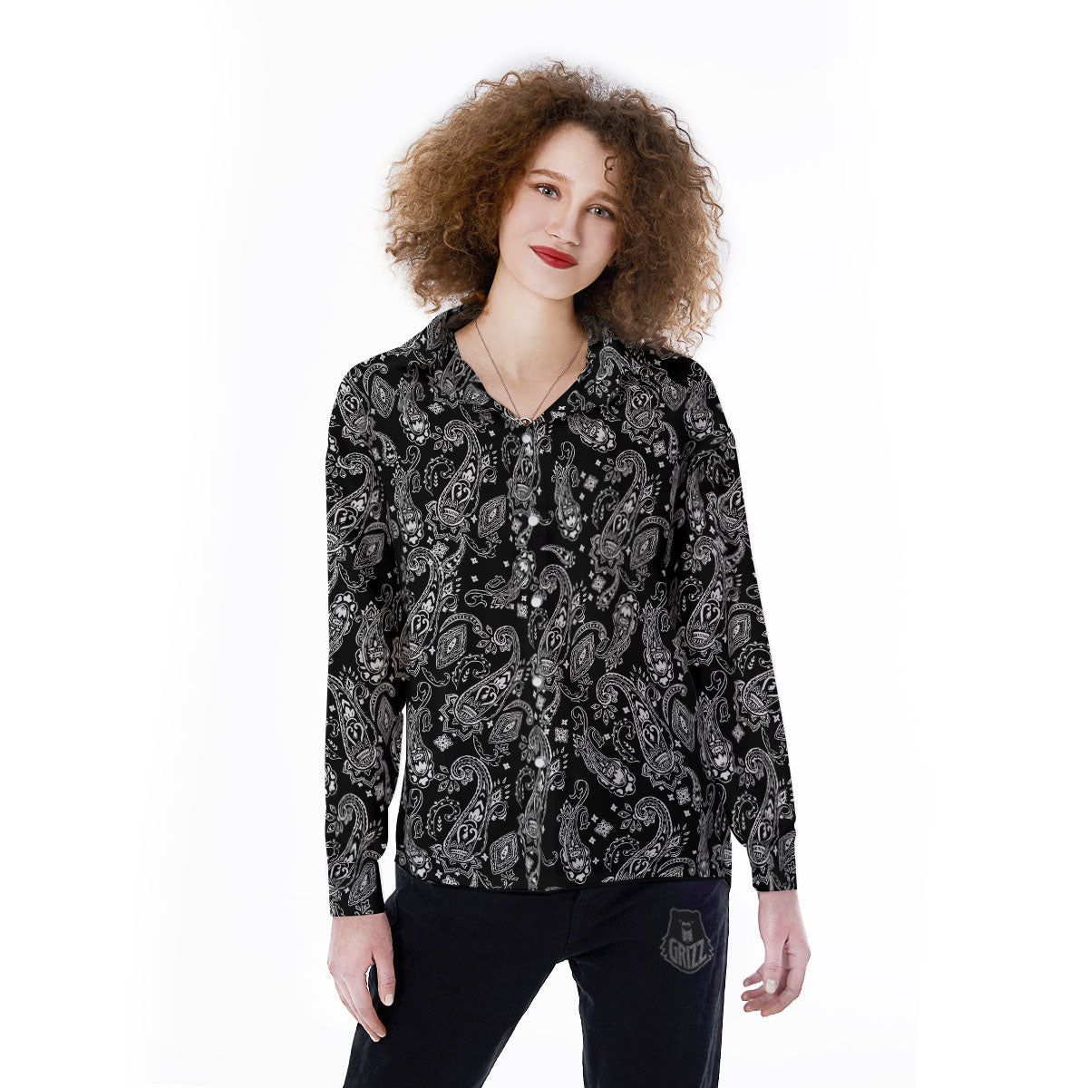 Bandana Black Paisley Print Pattern Women's Long Sleeve Shirts-grizzshop