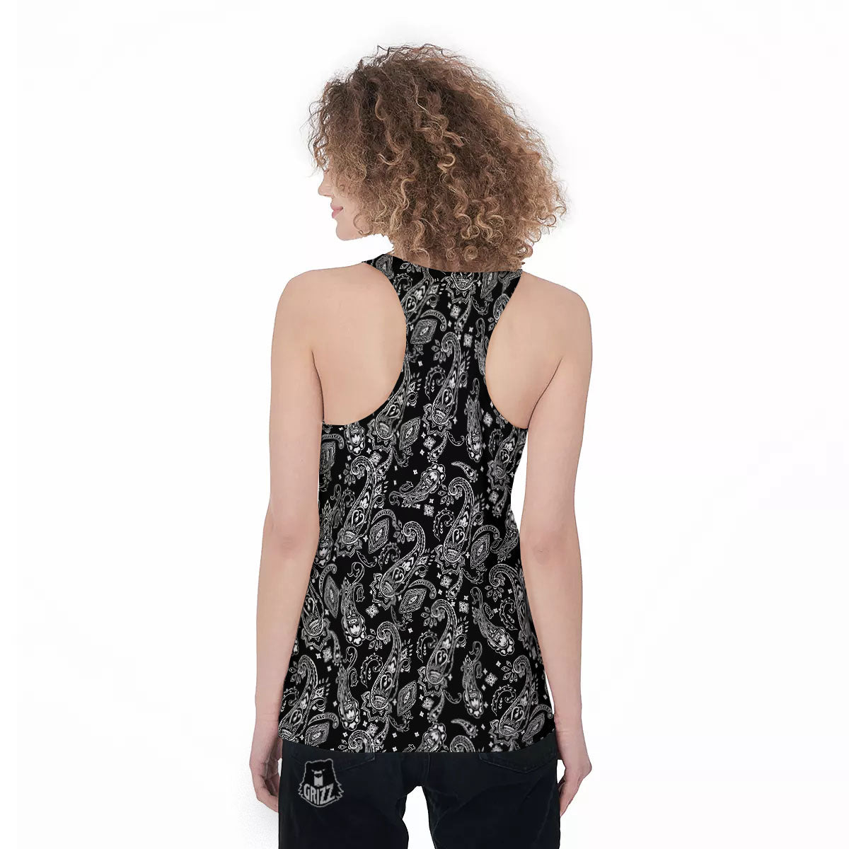 Bandana Black Paisley Print Pattern Women's Racerback Tank Top-grizzshop