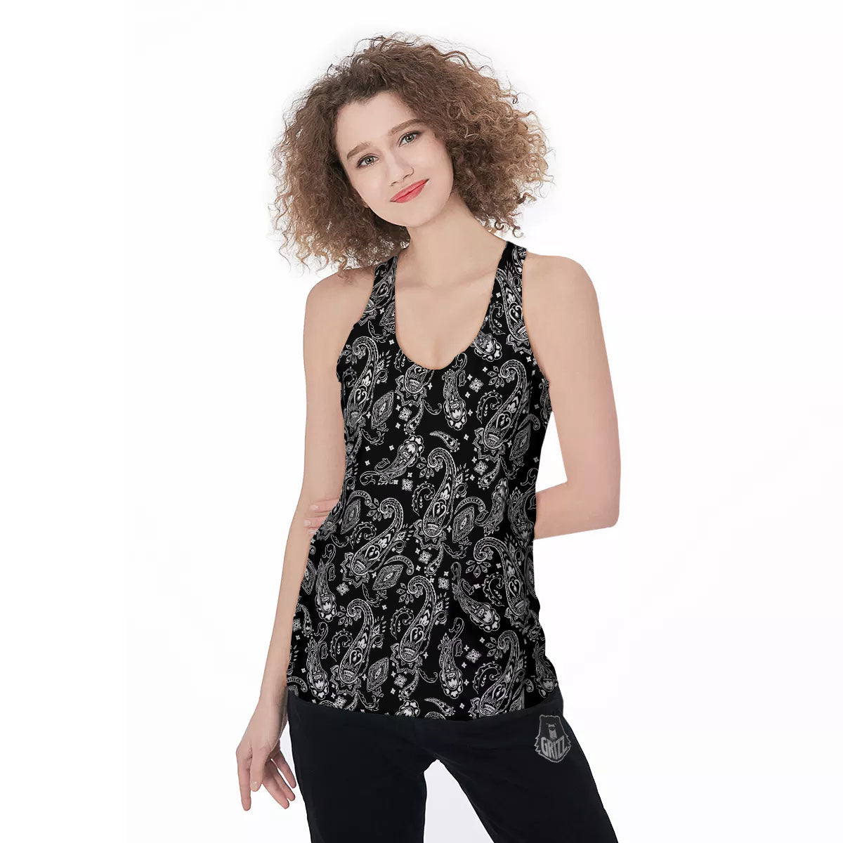 Bandana Black Paisley Print Pattern Women's Racerback Tank Top-grizzshop