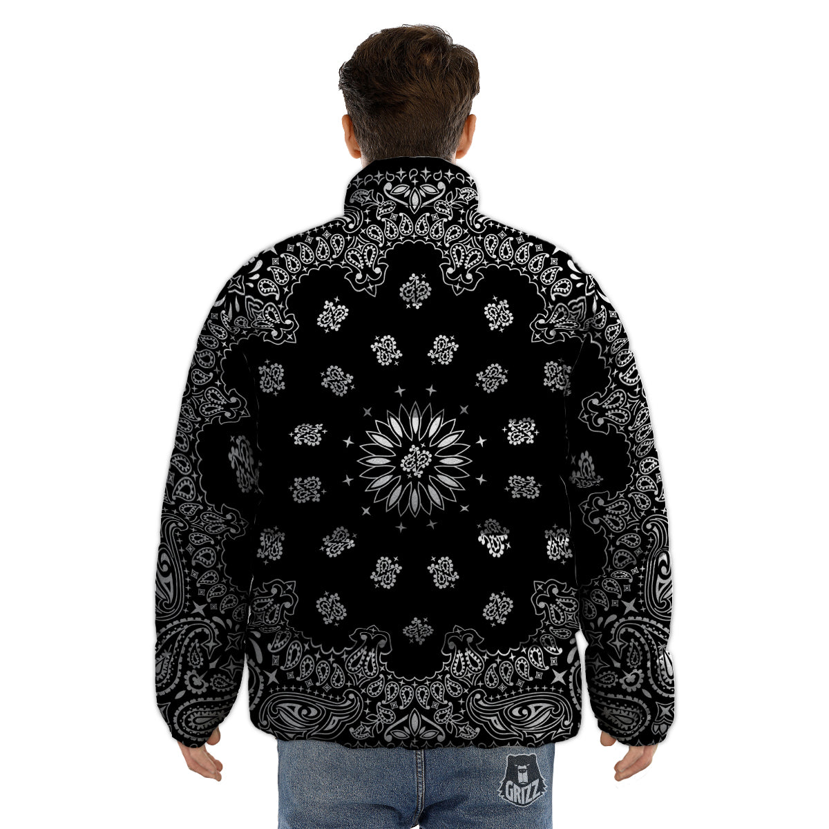 Bandana Black Paisley Print Puffer Jacket-grizzshop
