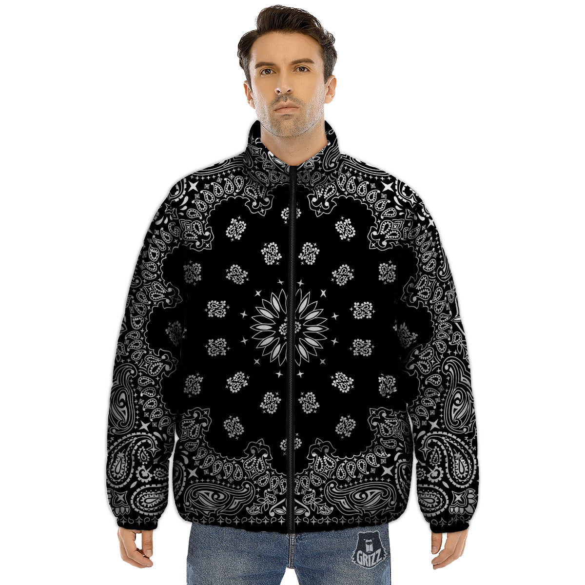 Bandana Black Paisley Print Puffer Jacket-grizzshop