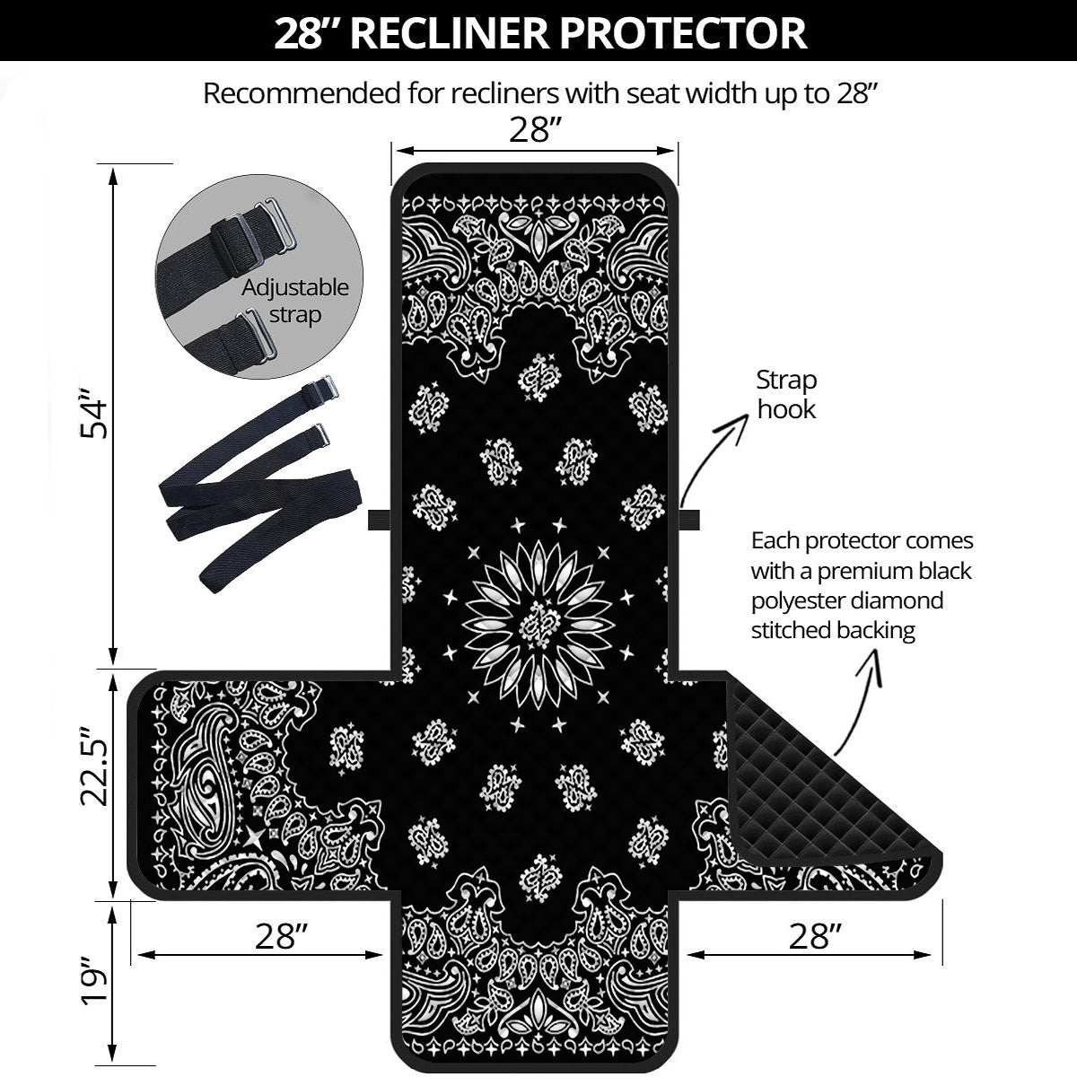 Bandana Black Paisley Print Recliner Protector-grizzshop