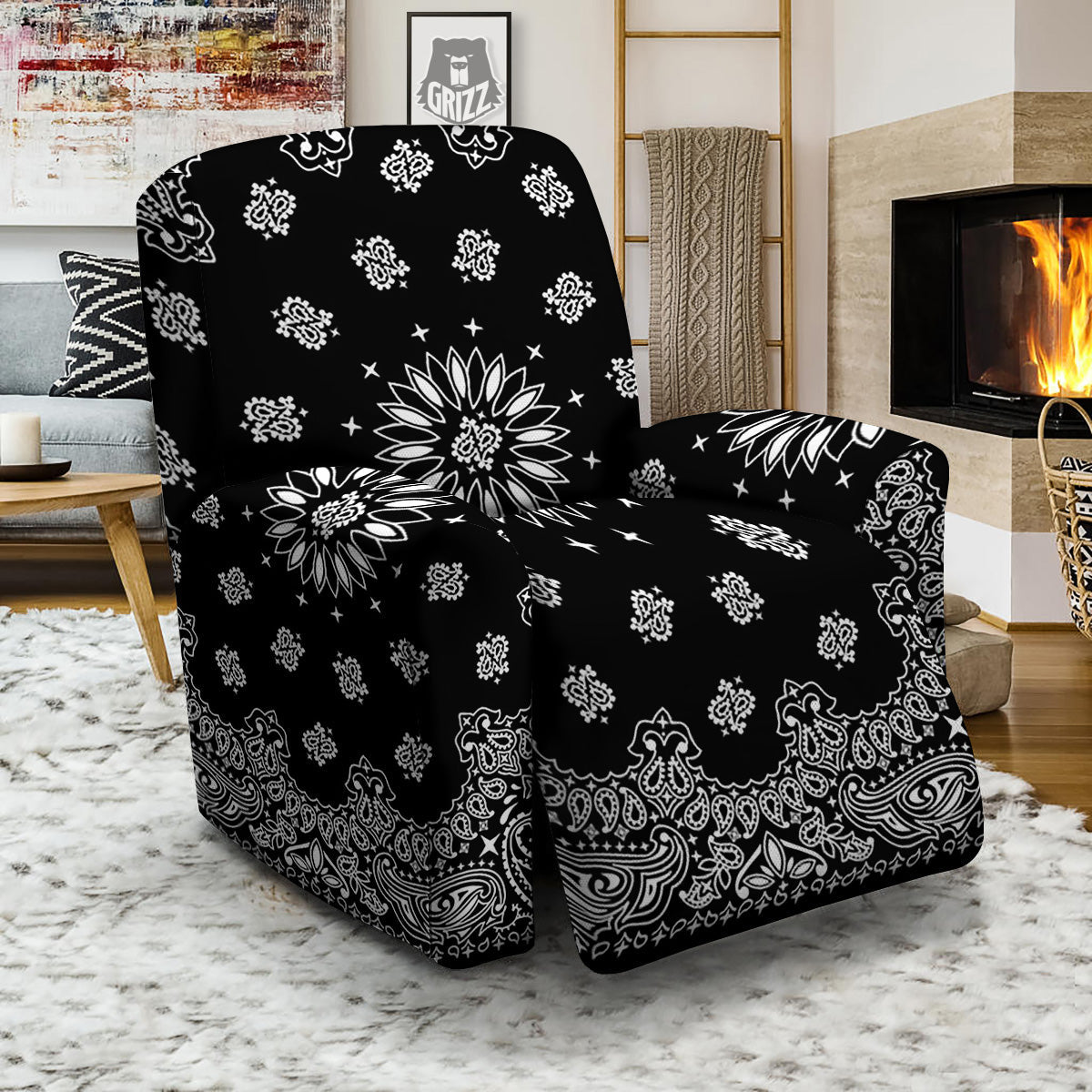 Bandana Black Paisley Print Recliner Slipcover-grizzshop