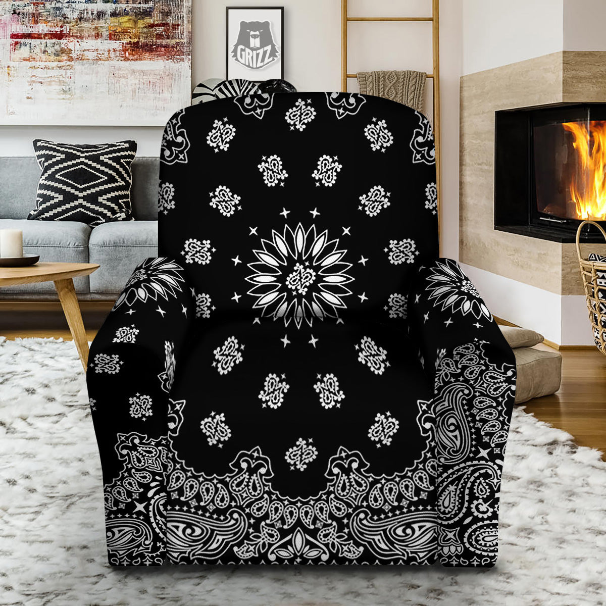 Bandana Black Paisley Print Recliner Slipcover-grizzshop