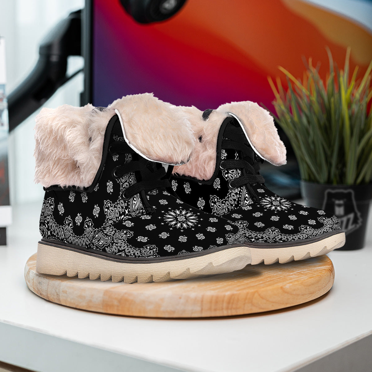 Bandana Black Paisley Print Snow Boots-grizzshop