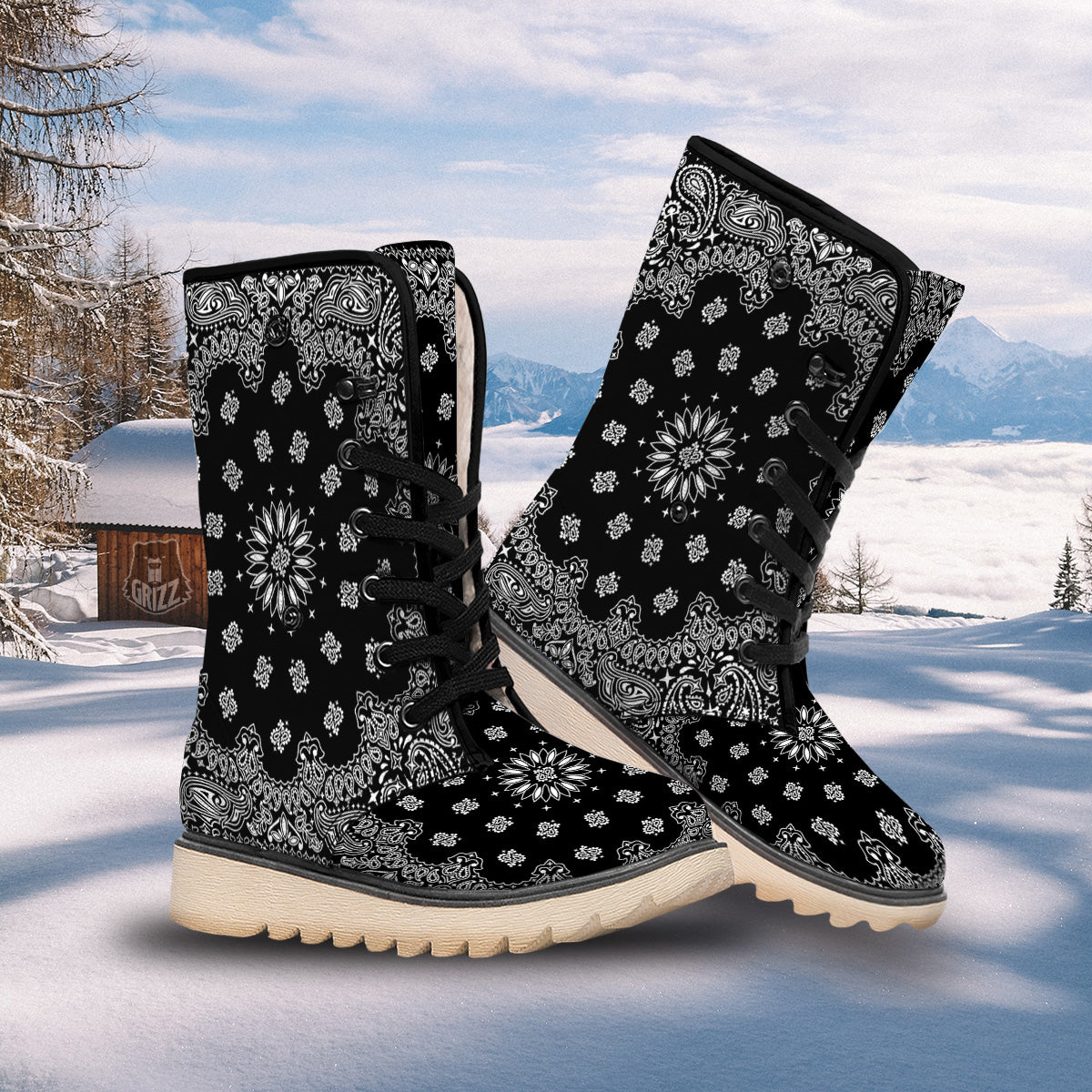 Bandana Black Paisley Print Snow Boots-grizzshop