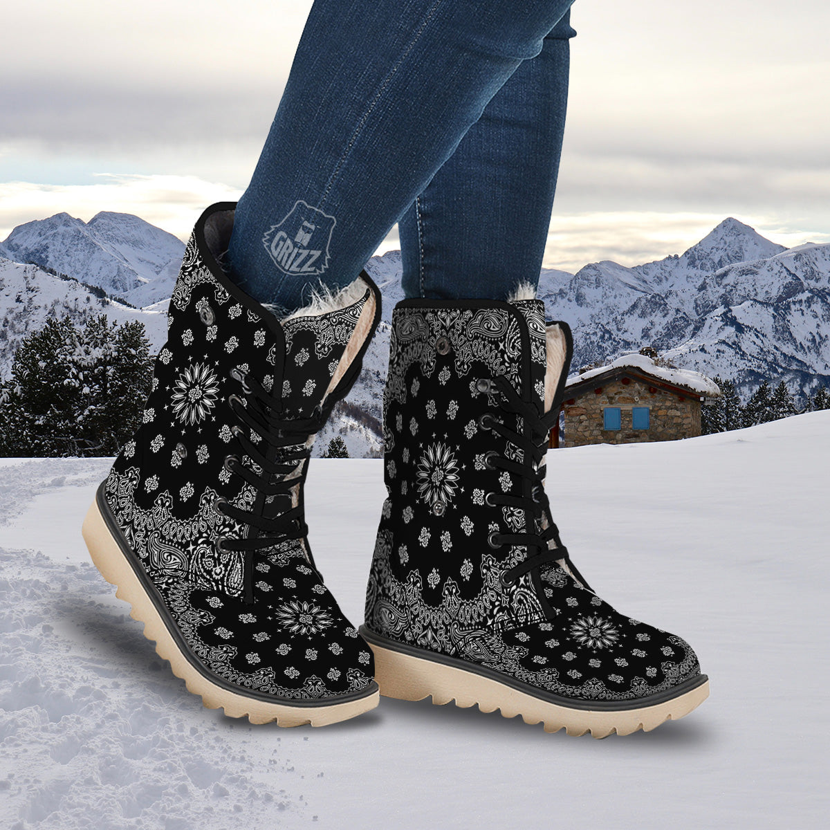 Bandana Black Paisley Print Snow Boots-grizzshop