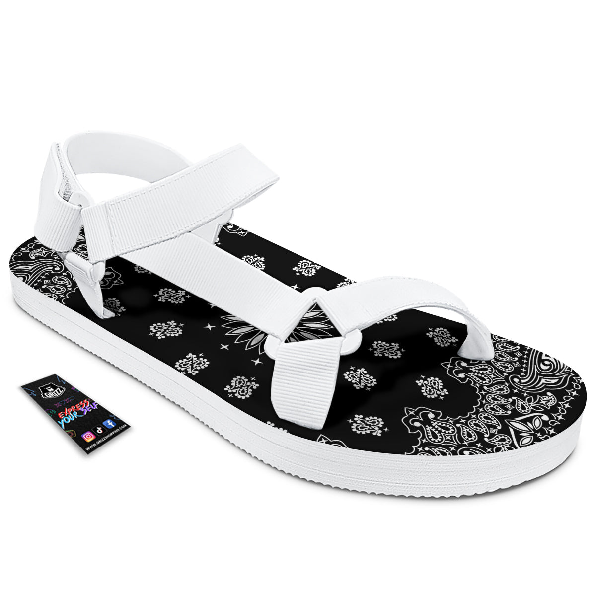 Bandana Black Paisley Print White Open Toe Sandals-grizzshop