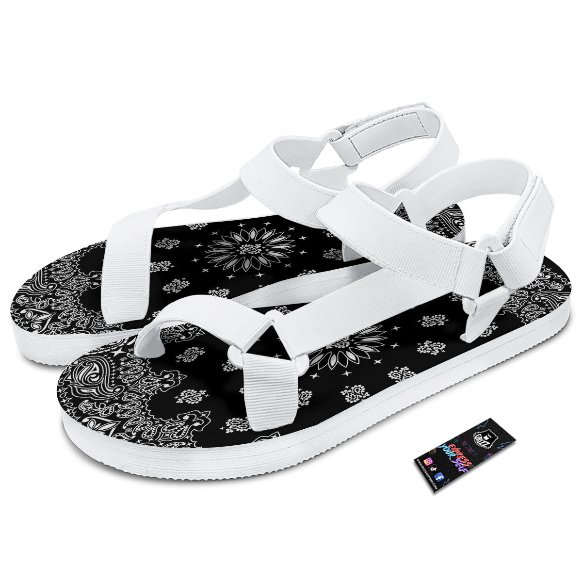 Bandana Black Paisley Print White Open Toe Sandals-grizzshop