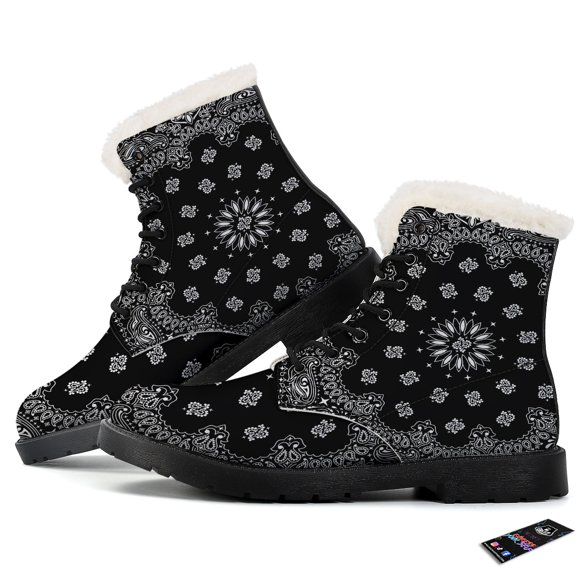 Bandana Black Paisley Print Winter Boots-grizzshop