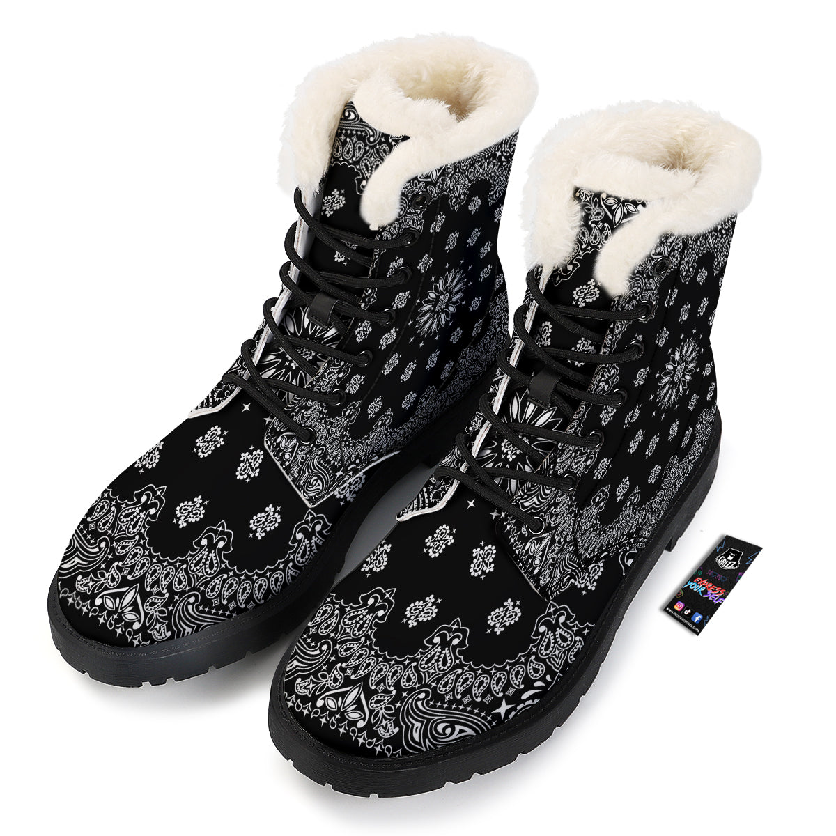 Bandana Black Paisley Print Winter Boots-grizzshop