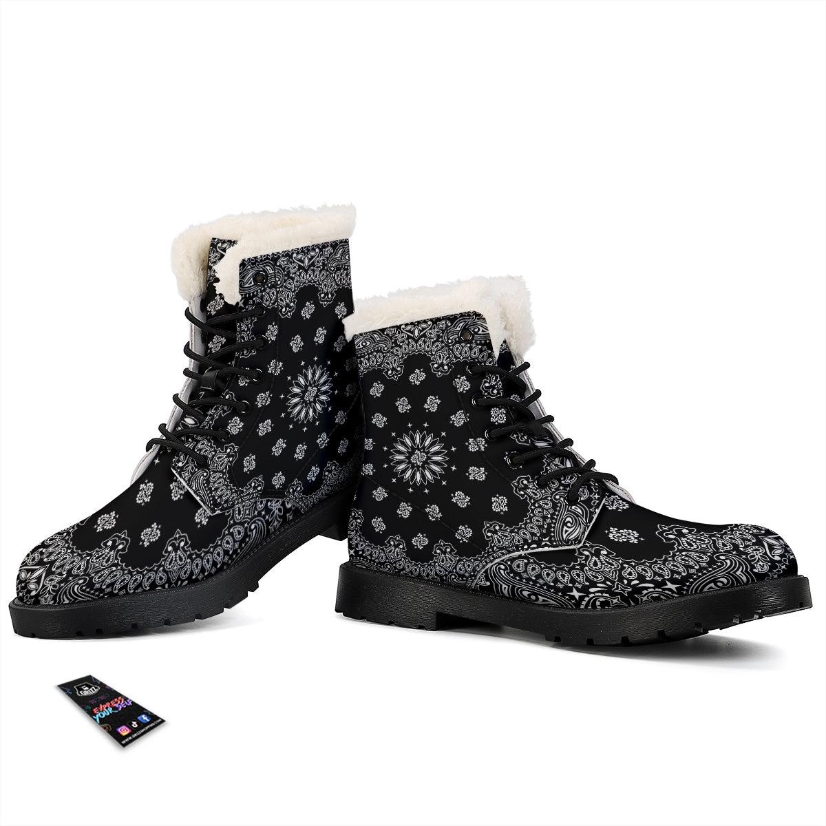 Bandana Black Paisley Print Winter Boots-grizzshop