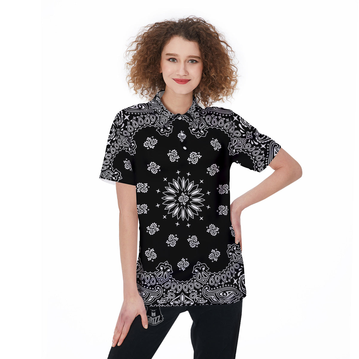Bandana Black Paisley Print Women's Golf Shirts-grizzshop