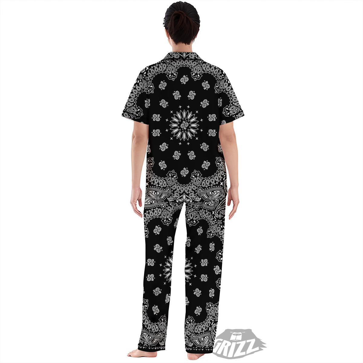 Bandana Black Paisley Print Women's Pajamas Set-grizzshop