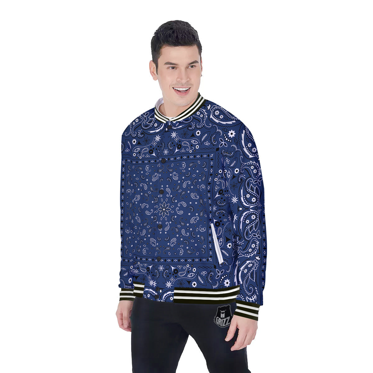 Bandana Blue Paisley Print Baseball Jacket-grizzshop