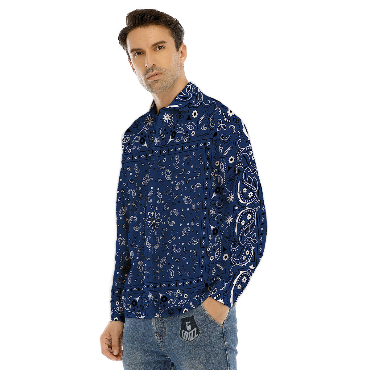 Bandana Blue Paisley Print Men's Dress Shirts-grizzshop