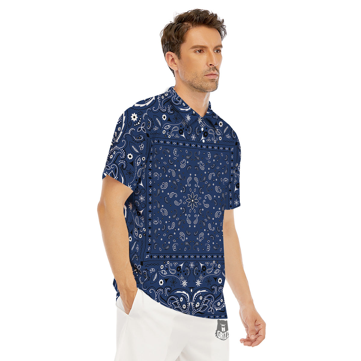 Bandana Blue Paisley Print Men's Golf Shirts-grizzshop