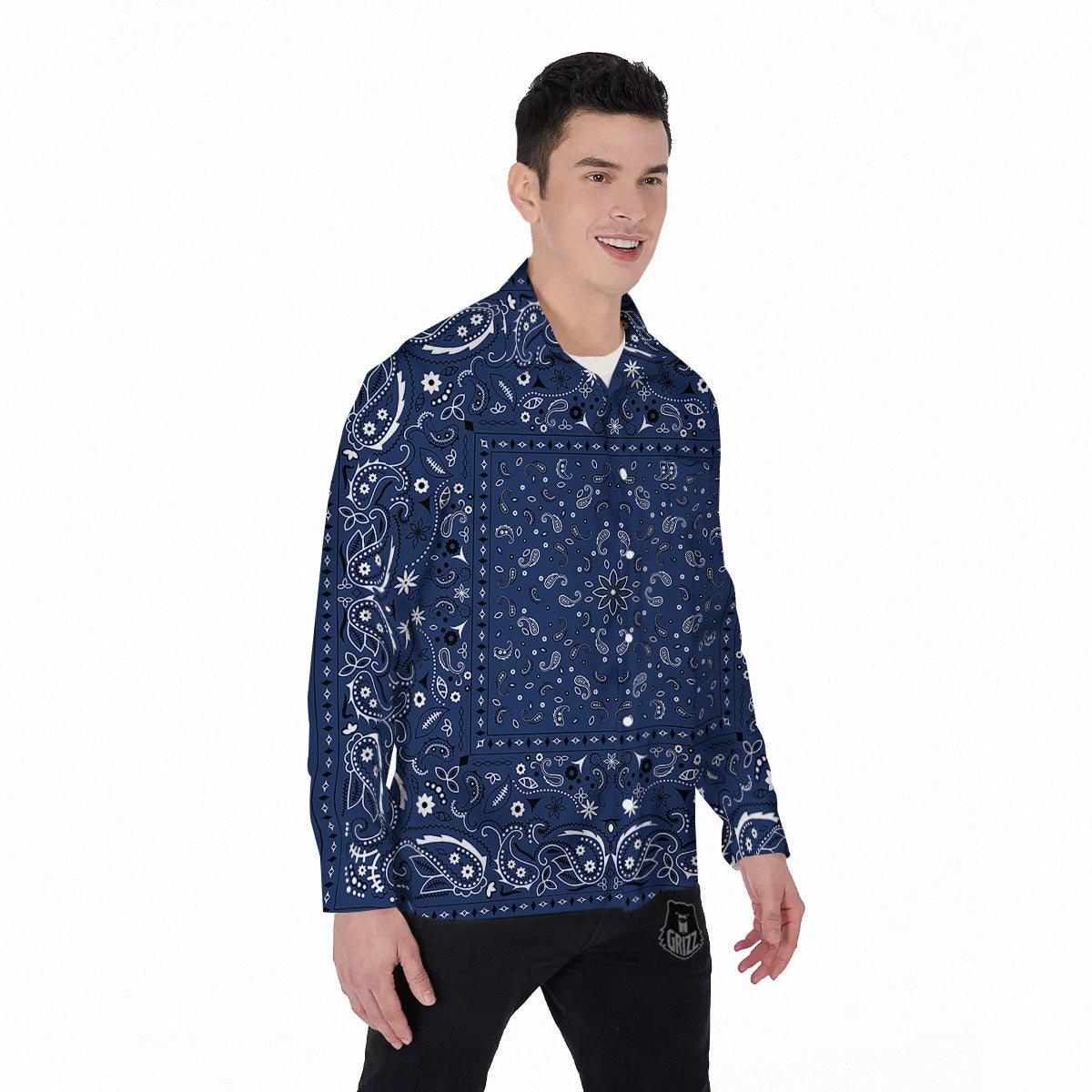Bandana Blue Paisley Print Men's Long Sleeve Shirts-grizzshop