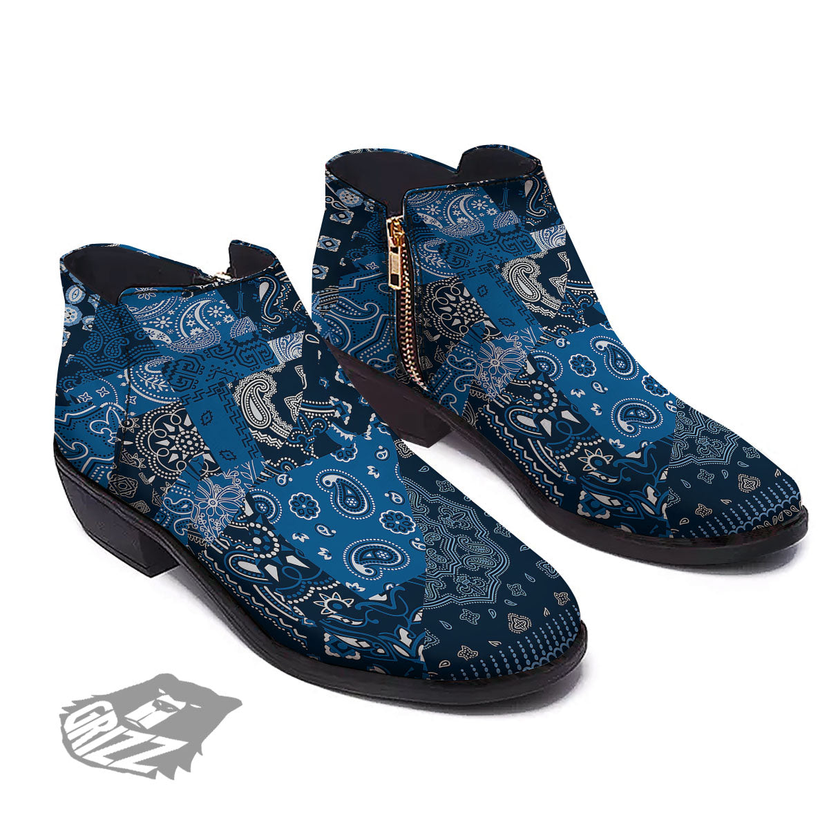 Bandana Blue Paisley Print Pattern Ankle Boots-grizzshop