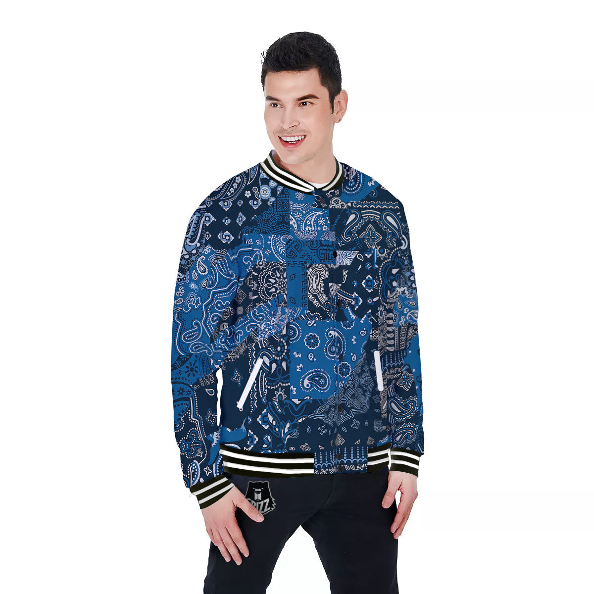Bandana Blue Paisley Print Pattern Baseball Jacket-grizzshop