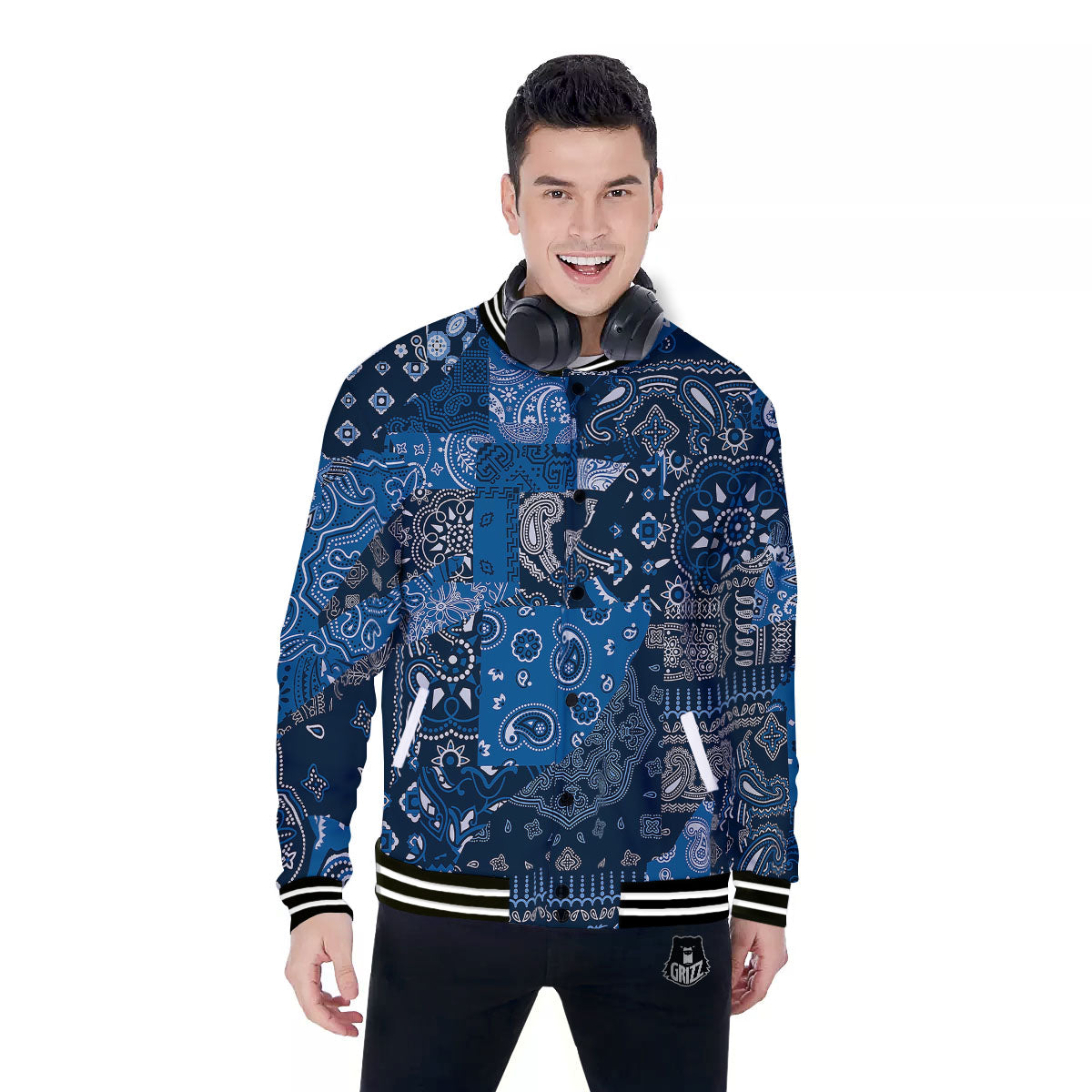 Bandana Blue Paisley Print Pattern Baseball Jacket-grizzshop
