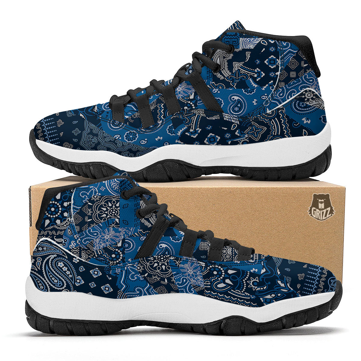 Bandana Blue Paisley Print Pattern Black Bball Shoes-grizzshop