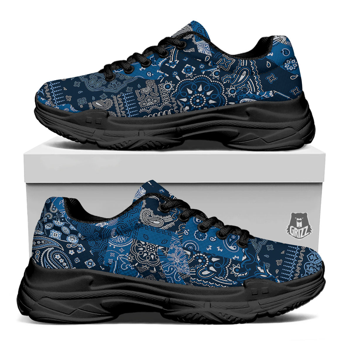 Bandana Blue Paisley Print Pattern Black Chunky Shoes-grizzshop