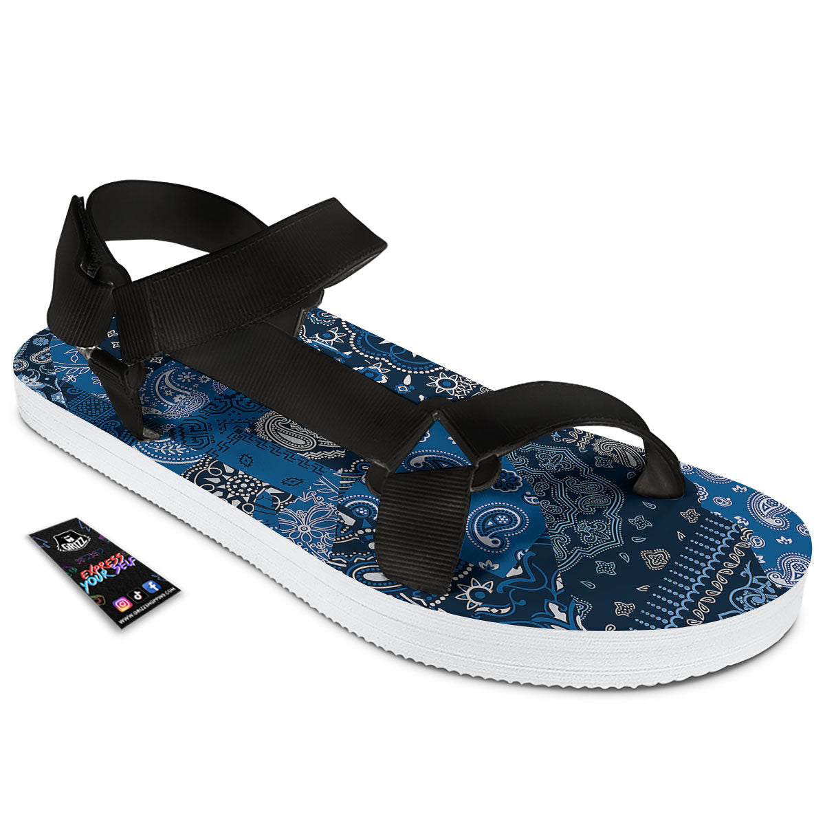 Bandana Blue Paisley Print Pattern Black Open Toe Sandals-grizzshop