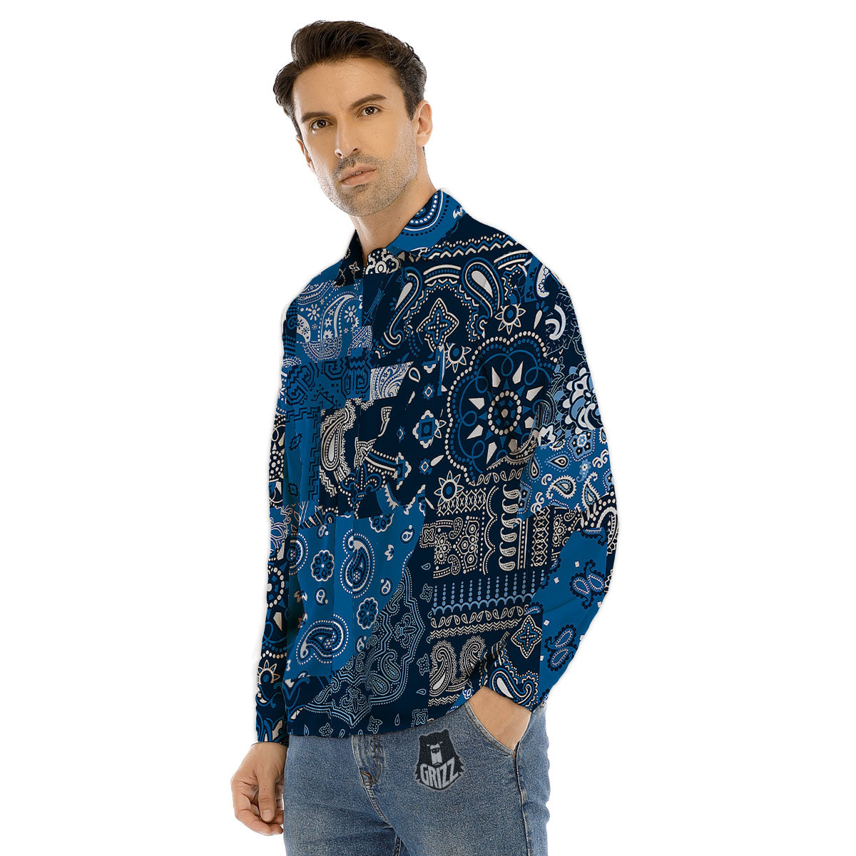 Bandana Blue Paisley Print Pattern Men's Dress Shirts-grizzshop