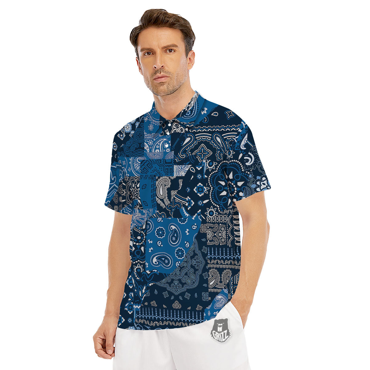 Bandana Blue Paisley Print Pattern Men's Golf Shirts-grizzshop
