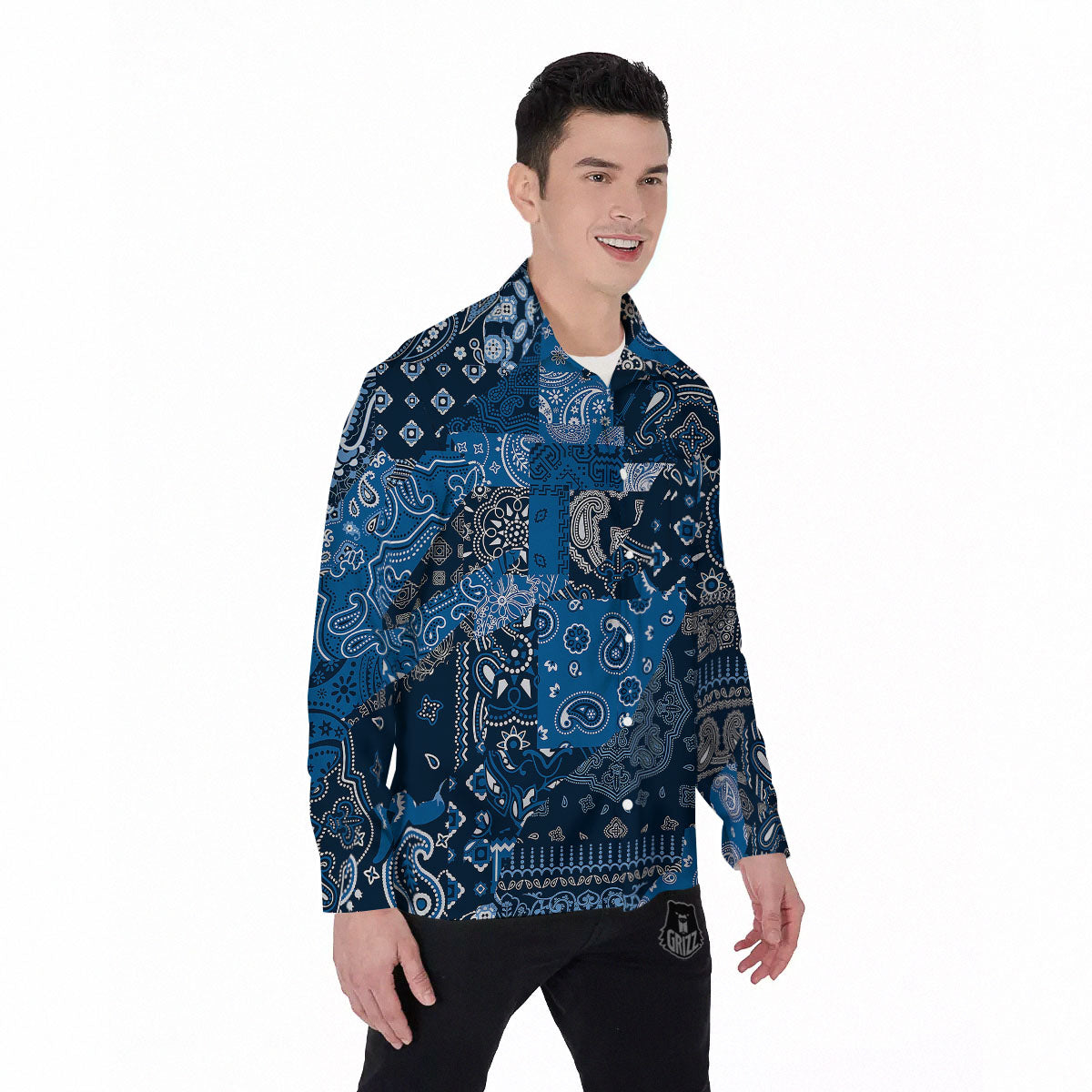Bandana Blue Paisley Print Pattern Men's Long Sleeve Shirts-grizzshop