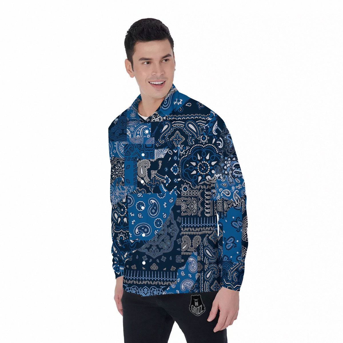 Bandana Blue Paisley Print Pattern Men's Long Sleeve Shirts-grizzshop