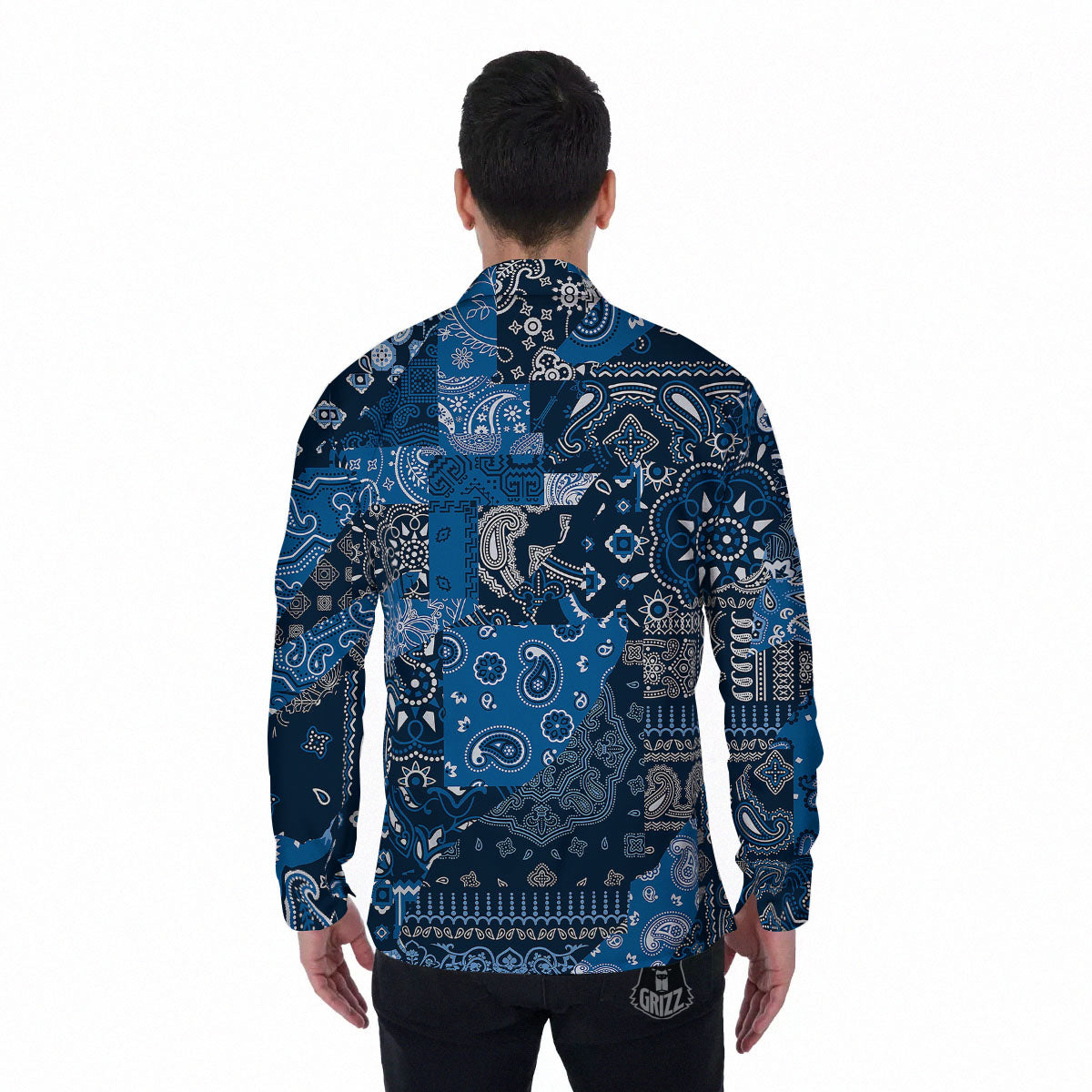 Bandana Blue Paisley Print Pattern Men's Long Sleeve Shirts-grizzshop
