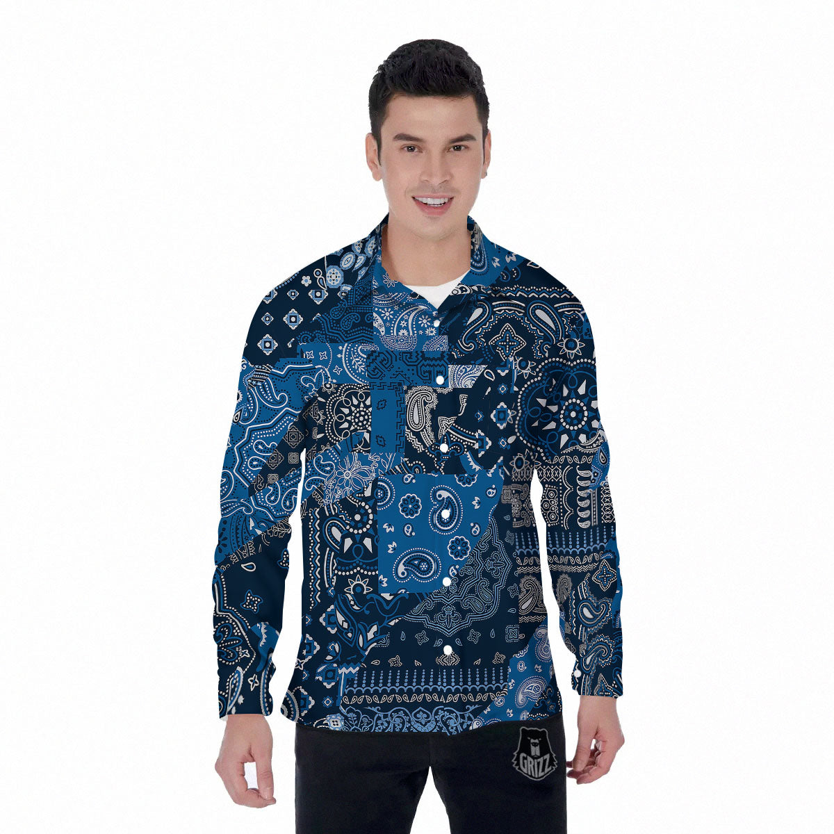 Bandana Blue Paisley Print Pattern Men's Long Sleeve Shirts-grizzshop