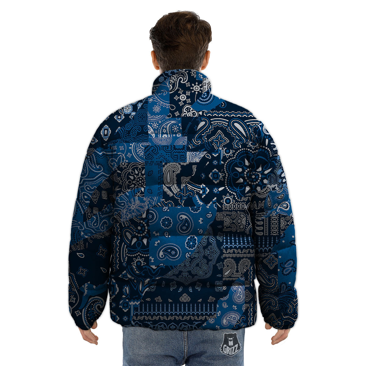 Bandana Blue Paisley Print Pattern Puffer Jacket-grizzshop